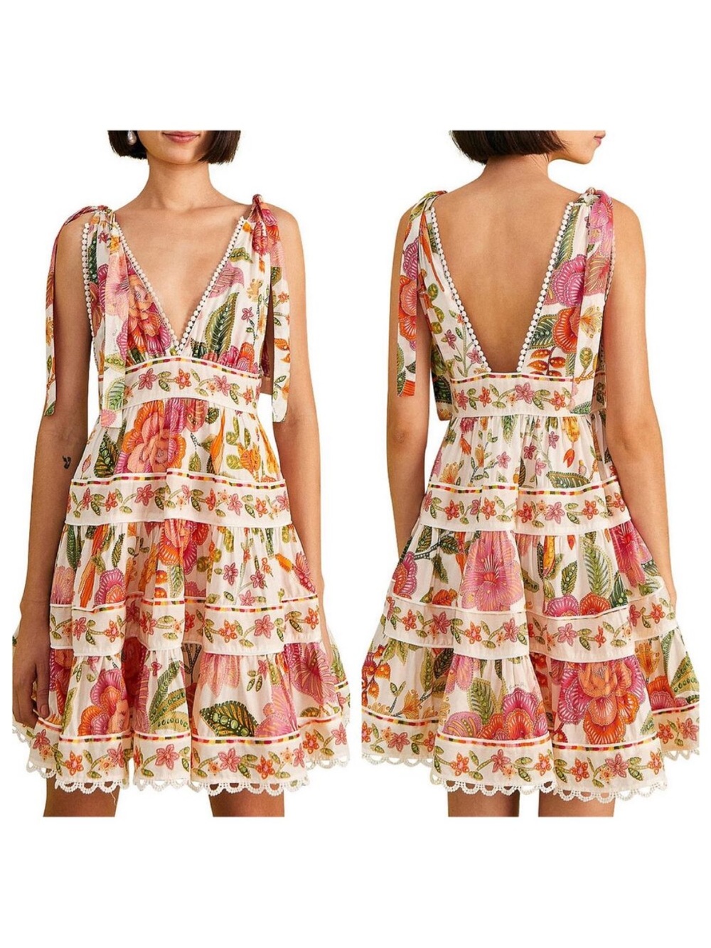 Floral Tie-Shoulder V-Neck Mini Dress in Cream and Pink - Picture 3 of 4